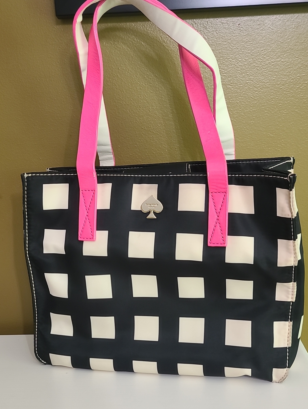 kate spade Black & Cream Checked Tote with Pink Handles
